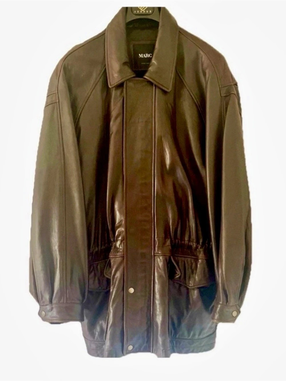 MARC Brown Lambskin Leather Mens Quilted Drawstring Waist Jacket - Size L